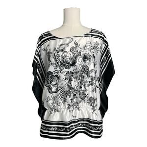 Floral Satin Blouse Shirt Top Black White Large Boho Casual Hankie